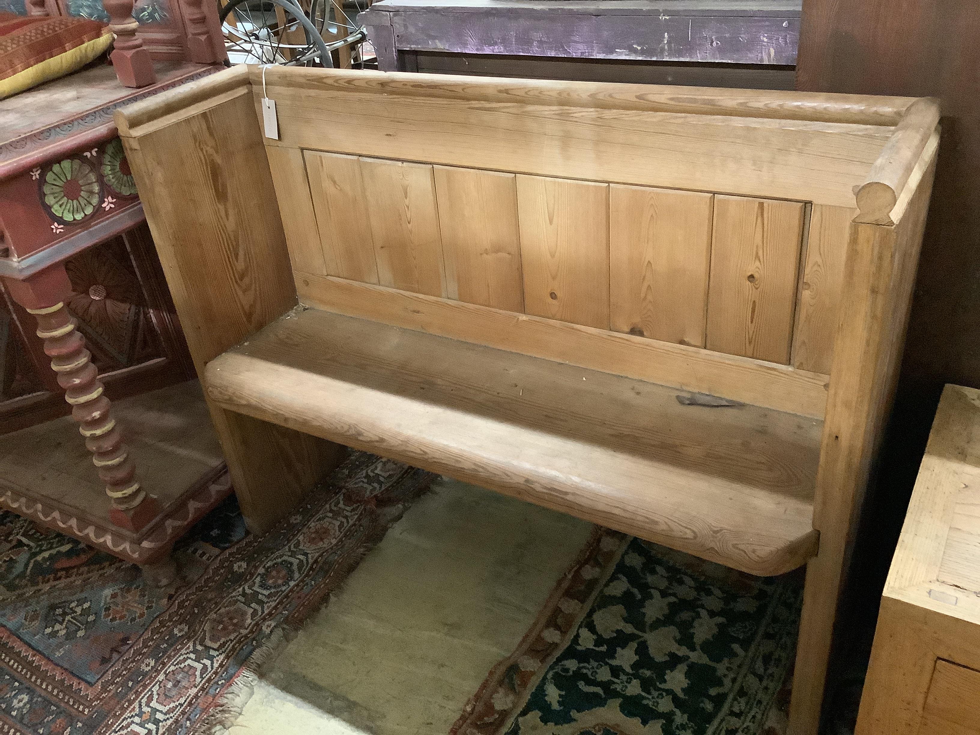 A Victorian pitch pine pew, width 119cm, depth 37cm, height 92cm